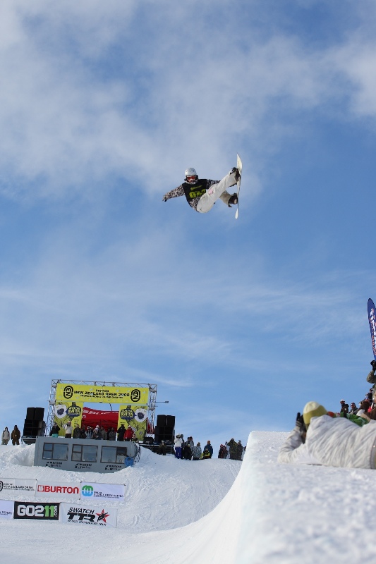 Gaining big air, rider Markus Malin (France), at the Burton New Zealand Open 2008